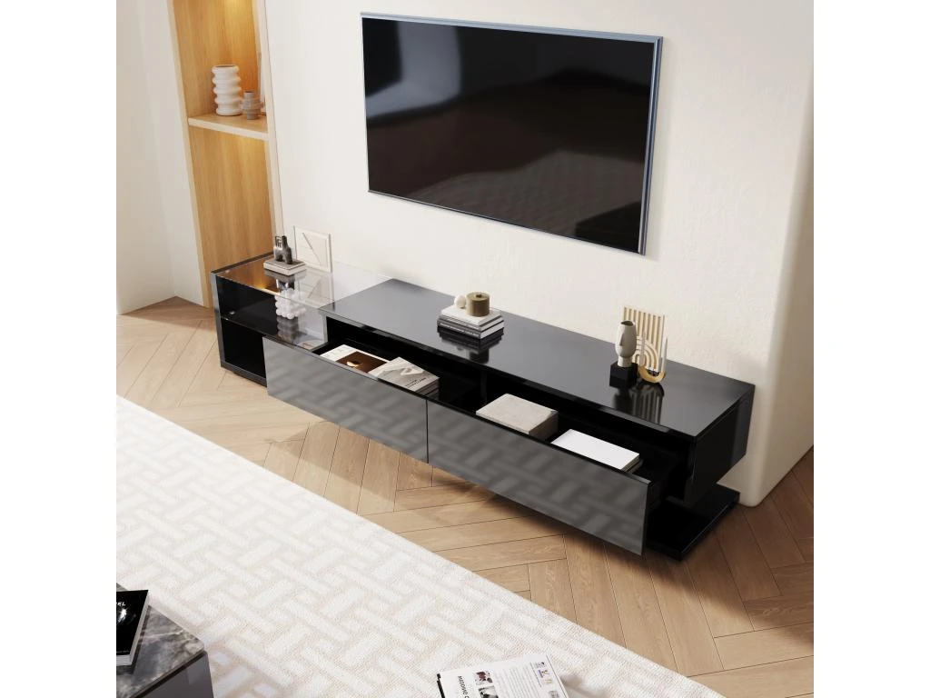Meuble TV 170cm Avec LED - Cloison Vitrée - 2 Tiroirs - Noir 4 Meuble TV 170cm Avec LED - Cloison Vitrée - 2 Tiroirs - Noir – Image 2
