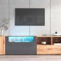 Meuble TV 190 Cm - Avec LED Et Espace D'exposition En Verre - Style Campagnard - Gris & Naturel