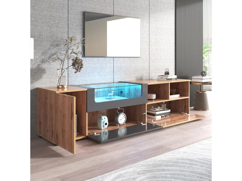 Meuble TV 190 Cm - Avec LED Et Espace D'exposition En Verre - Style Campagnard - Gris & Naturel 4 Meuble TV 190 Cm - Avec LED Et Espace D'exposition En Verre - Style Campagnard - Gris & Naturel – Image 2