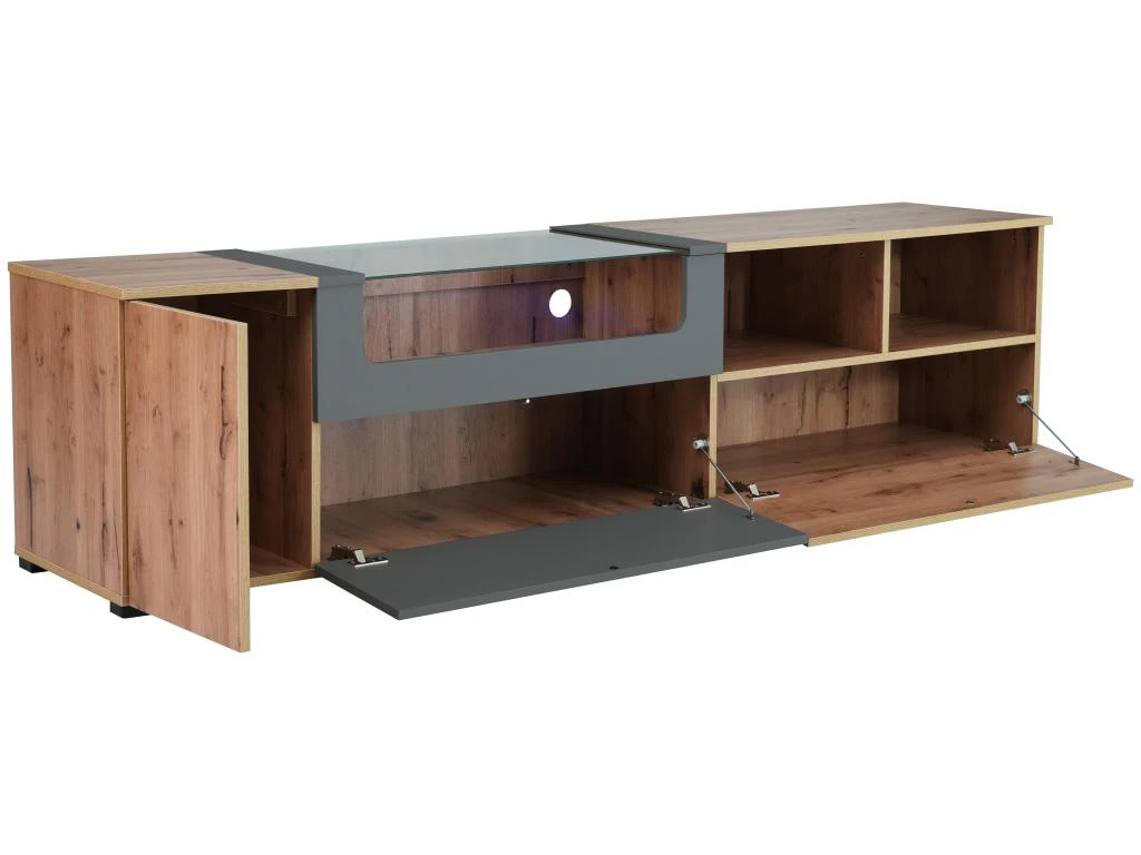 Meuble TV 190 Cm - Avec LED Et Espace D'exposition En Verre - Style Campagnard - Gris & Naturel 5 Meuble TV 190 Cm - Avec LED Et Espace D'exposition En Verre - Style Campagnard - Gris & Naturel – Image 3