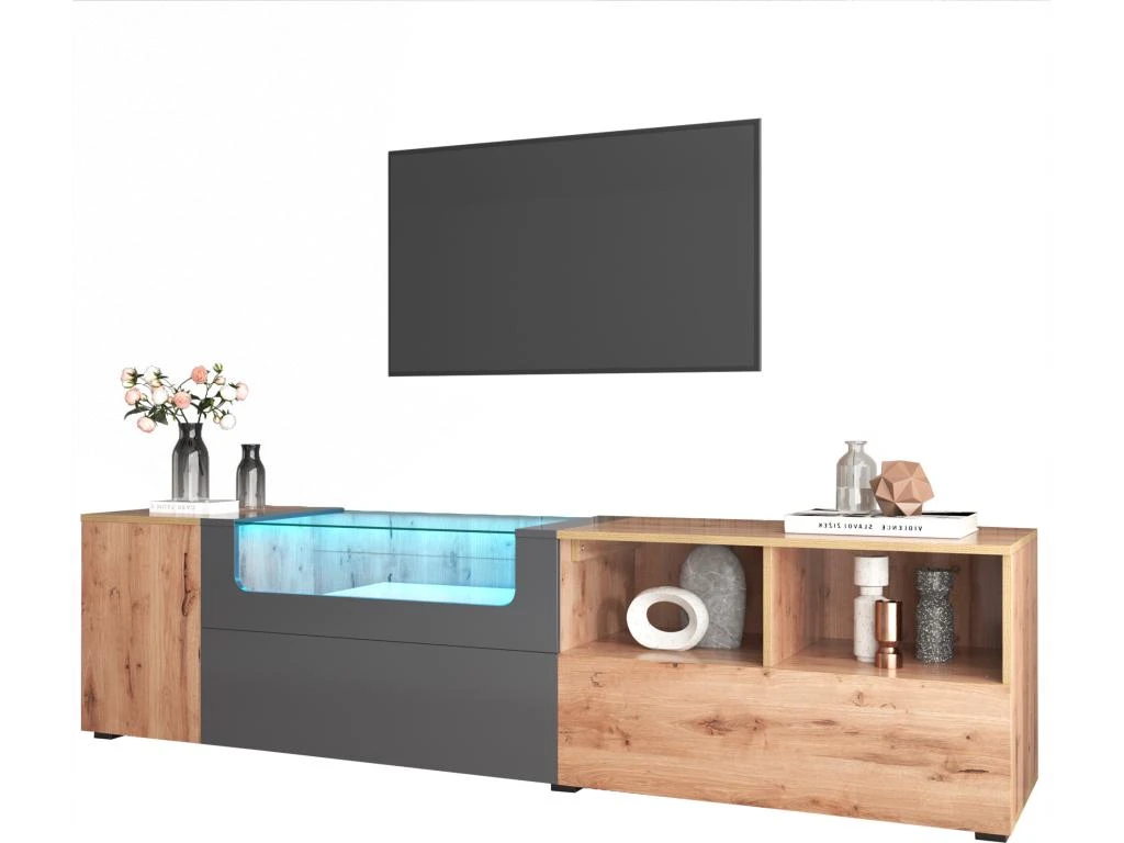 Meuble TV 190 Cm - Avec LED Et Espace D'exposition En Verre - Style Campagnard - Gris & Naturel 8 Meuble TV 190 Cm - Avec LED Et Espace D'exposition En Verre - Style Campagnard - Gris & Naturel – Image 6