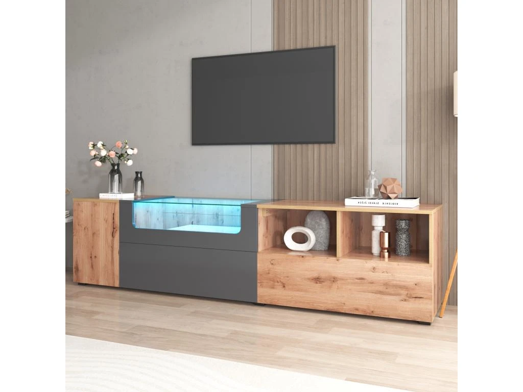 Meuble TV 190 Cm - Avec LED Et Espace D'exposition En Verre - Style Campagnard - Gris & Naturel 9 Meuble TV 190 Cm - Avec LED Et Espace D'exposition En Verre - Style Campagnard - Gris & Naturel – Image 7