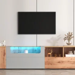 Meuble TV 190 Cm - Avec LED Et Espace D'exposition En Verre - Style Campagnard - Gris Clair & Naturel