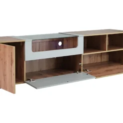 Meuble TV 190 Cm - Avec LED Et Espace D'exposition En Verre - Style Campagnard - Gris Clair & Naturel -Pas Cher Mobiliora Magasin meuble tv 22991489