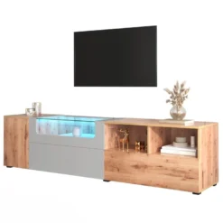 Meuble TV 190 Cm - Avec LED Et Espace D'exposition En Verre - Style Campagnard - Gris Clair & Naturel -Pas Cher Mobiliora Magasin meuble tv 22991495