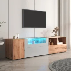Meuble TV 190 Cm - Avec LED Et Espace D'exposition En Verre - Style Campagnard - Gris Clair & Naturel -Pas Cher Mobiliora Magasin meuble tv 22991497