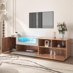 Meuble TV 190 Cm - Avec LED Et Espace D'exposition En Verre - Style Campagnard - Gris Clair & Naturel -Pas Cher Mobiliora Magasin meuble tv 22991499
