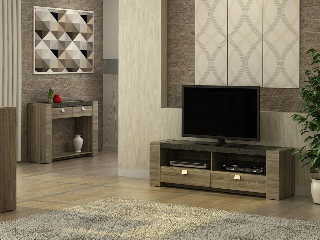 Meuble TV METEORITE - 2 Niches & 2 Tiroirs - MDF Plateau Effet Granite 8 Meuble TV METEORITE - 2 Niches & 2 Tiroirs - MDF Plateau Effet Granite – Image 6