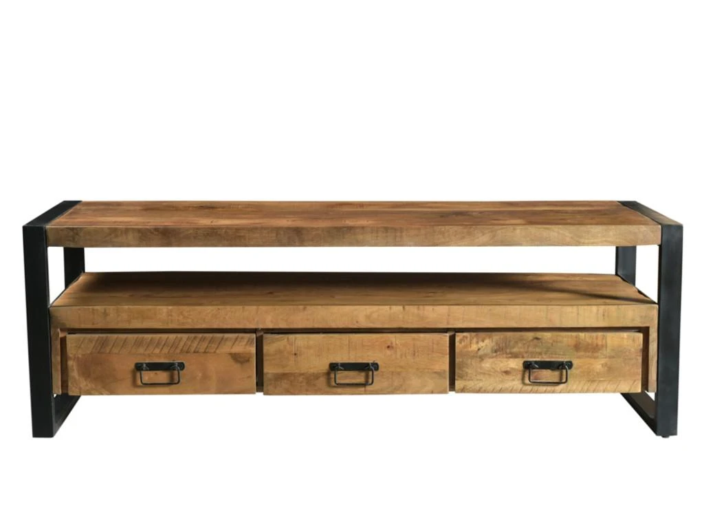 Meuble TV Avec 3 Tiroirs Et 1 Niche En Bois De Manguier Et Métal Noir - Naturel Clair - HARLEM 5 Meuble TV Avec 3 Tiroirs Et 1 Niche En Bois De Manguier Et Métal Noir - Naturel Clair - HARLEM – Image 3