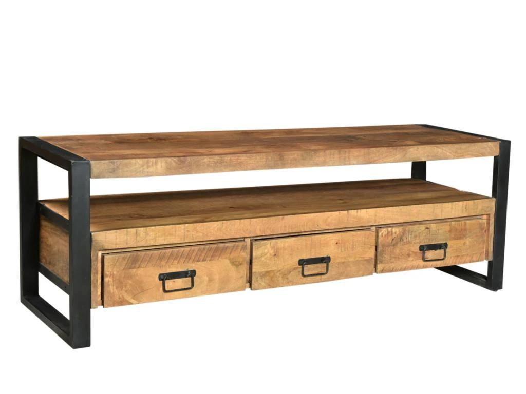 Meuble TV Avec 3 Tiroirs Et 1 Niche En Bois De Manguier Et Métal Noir - Naturel Clair - HARLEM 3 Meuble TV Avec 3 Tiroirs Et 1 Niche En Bois De Manguier Et Métal Noir - Naturel Clair - HARLEM