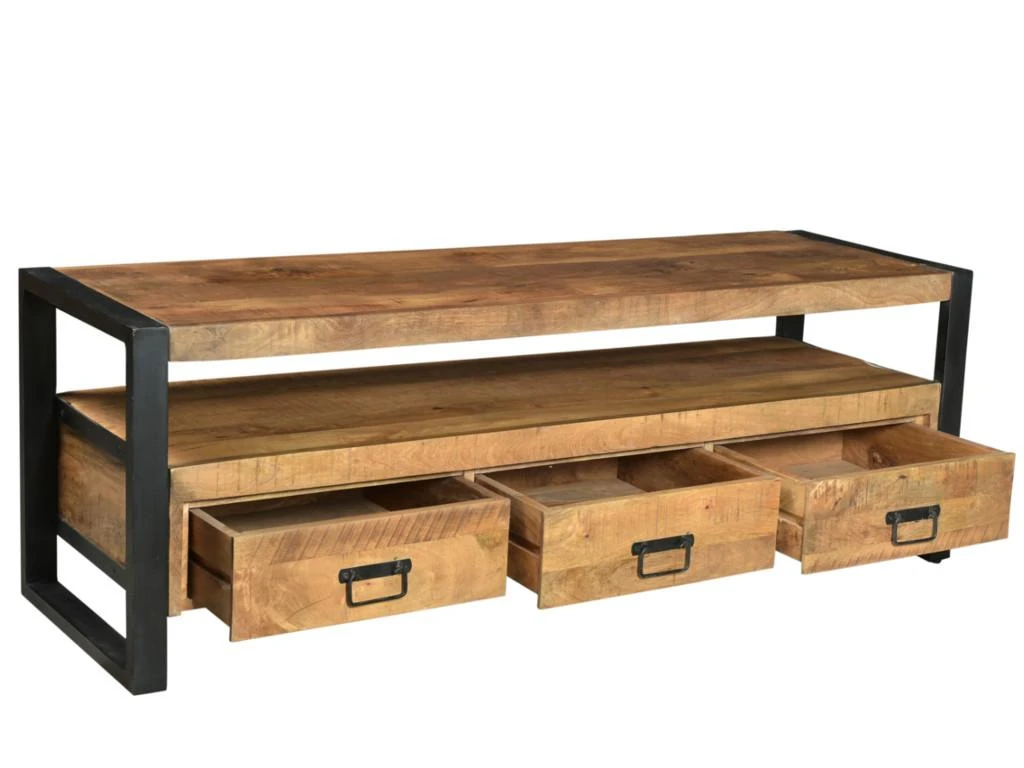 Meuble TV Avec 3 Tiroirs Et 1 Niche En Bois De Manguier Et Métal Noir - Naturel Clair - HARLEM 4 Meuble TV Avec 3 Tiroirs Et 1 Niche En Bois De Manguier Et Métal Noir - Naturel Clair - HARLEM – Image 2