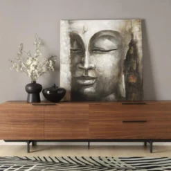 Meuble TV TAYRON 200cm - 2 Portes & 2 Tiroirs - MDF & Pieds Métal - Coloris Noyer