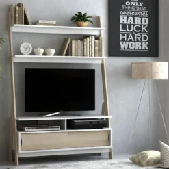 Meuble TV à étagères ESKALI - 2 Portes - Blanc & Chêne