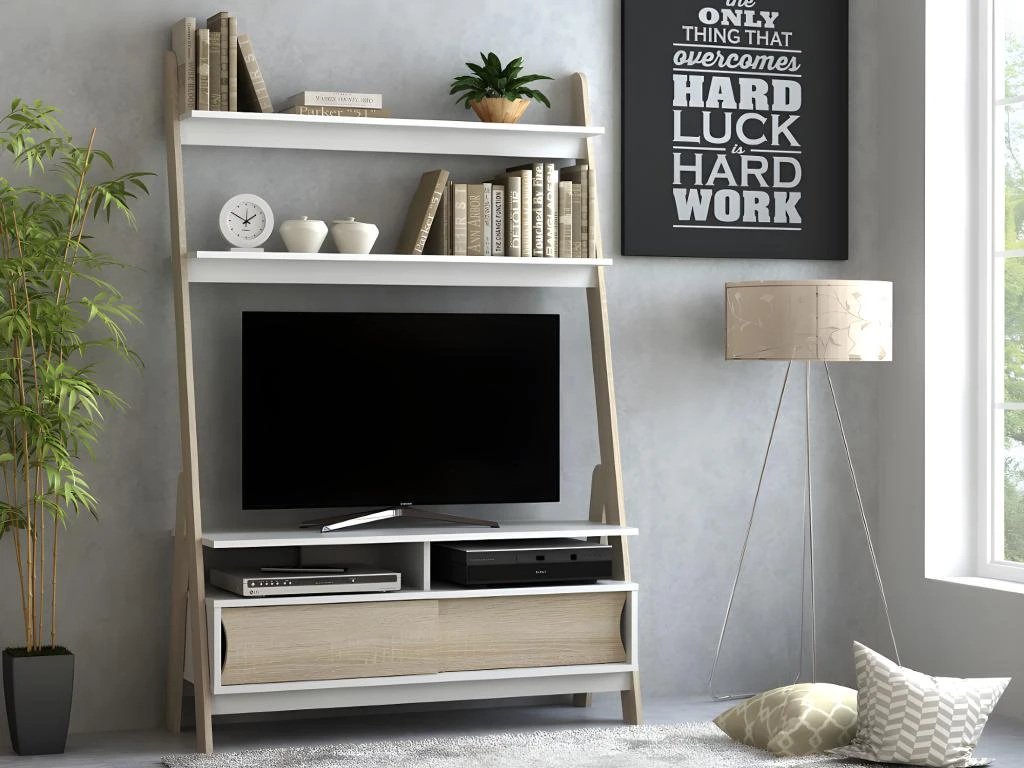 Meuble TV à étagères ESKALI - 2 Portes - Blanc & Chêne 3 Meuble TV à étagères ESKALI - 2 Portes - Blanc & Chêne