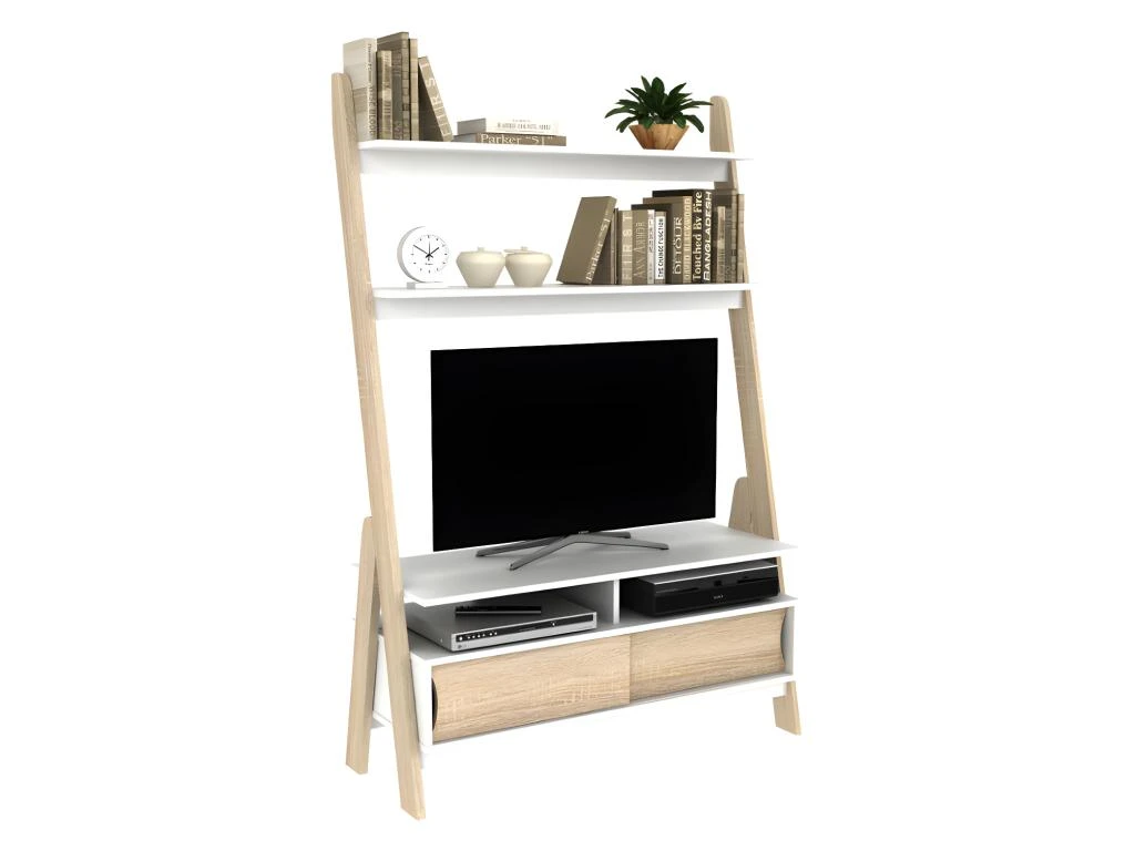Meuble TV à étagères ESKALI - 2 Portes - Blanc & Chêne 4 Meuble TV à étagères ESKALI - 2 Portes - Blanc & Chêne – Image 2