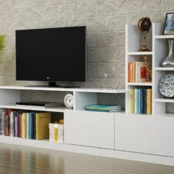 Mur TV Avec Rangements - Coloris : Blanc - FIDANA -Pas Cher Mobiliora Magasin meuble tv 3350525