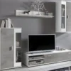 Mur TV DYLAN Avec Rangements - LEDs - Coloris : Blanc Et Béton -Pas Cher Mobiliora Magasin meuble tv 355413