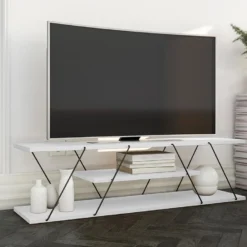 Meuble TV Avec 2 étagères - Blanc Et Noir - DELORY -Pas Cher Mobiliora Magasin meuble tv 3571931