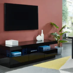 Meuble TV FABIO - MDF Laqué Noir - LEDs - 3 Tiroirs & 3 Niches