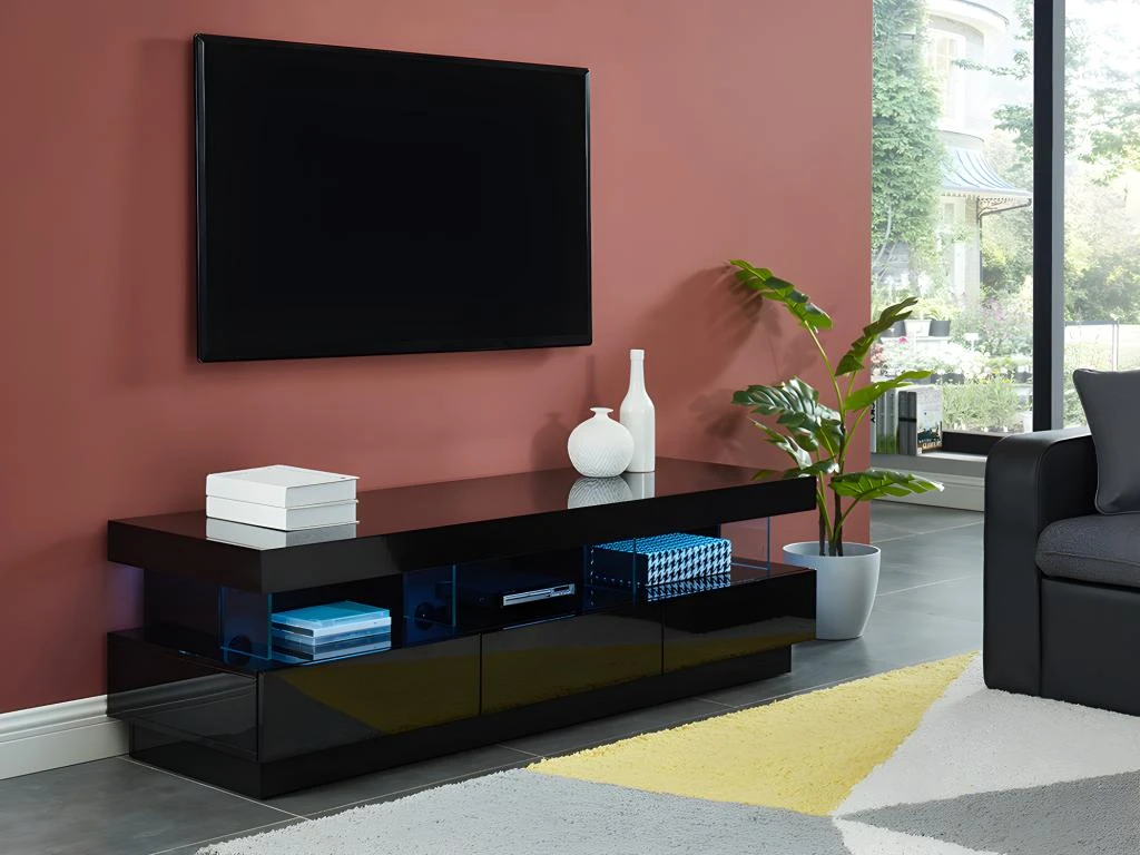 Meuble TV FABIO - MDF Laqué Noir - LEDs - 3 Tiroirs & 3 Niches 3 Meuble TV FABIO - MDF Laqué Noir - LEDs - 3 Tiroirs & 3 Niches