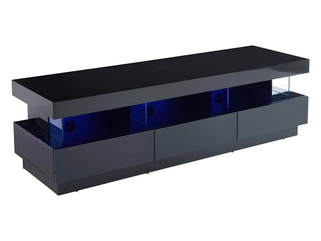 Meuble TV FABIO - MDF Laqué Noir - LEDs - 3 Tiroirs & 3 Niches 4 Meuble TV FABIO - MDF Laqué Noir - LEDs - 3 Tiroirs & 3 Niches – Image 2