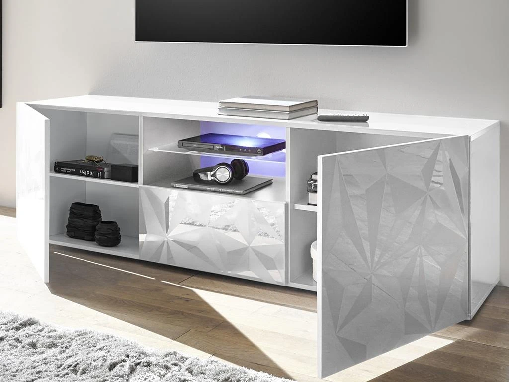 Meuble TV ERIS - LEDs - 2 Portes & 1 Tiroir - Blanc Laqué 8 Meuble TV ERIS - LEDs - 2 Portes & 1 Tiroir - Blanc Laqué – Image 6