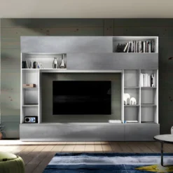 Mur TV MAJORIS Avec Rangements - Coloris : Blanc Laqué Et Béton