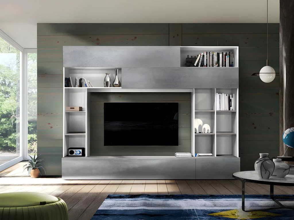 Mur TV MAJORIS Avec Rangements - Coloris : Blanc Laqué Et Béton 3 Mur TV MAJORIS Avec Rangements - Coloris : Blanc Laqué Et Béton