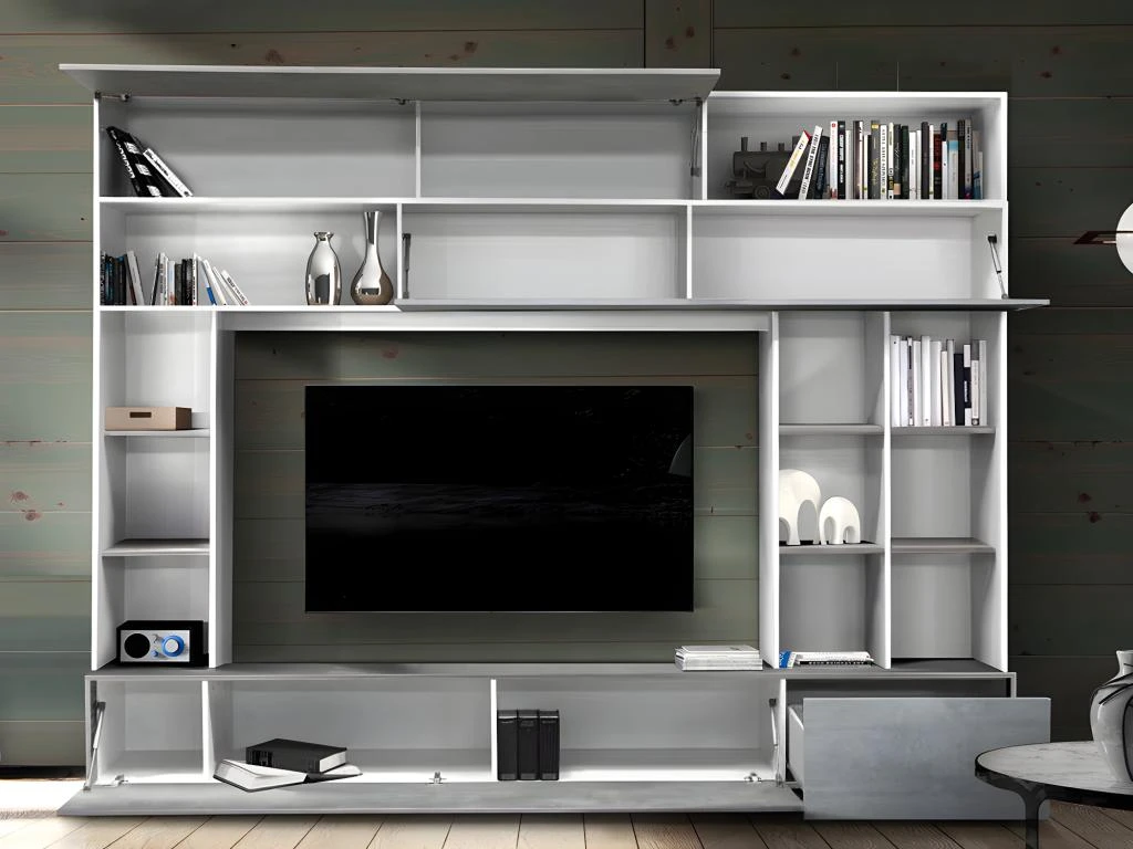 Mur TV MAJORIS Avec Rangements - Coloris : Blanc Laqué Et Béton 5 Mur TV MAJORIS Avec Rangements - Coloris : Blanc Laqué Et Béton – Image 3