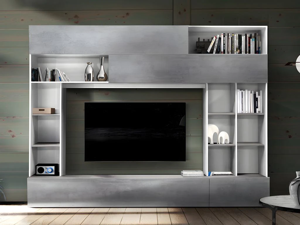 Mur TV MAJORIS Avec Rangements - Coloris : Blanc Laqué Et Béton 4 Mur TV MAJORIS Avec Rangements - Coloris : Blanc Laqué Et Béton – Image 2