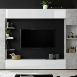 Mur TV SIRIUS Avec Rangements - Coloris : Blanc Laqué Et Béton -Pas Cher Mobiliora Magasin meuble tv 385113