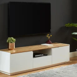 Meuble TV AMANI - 2 Portes & 1 Tiroir - MDF - Coloris: Blanc Laqué Et Chêne