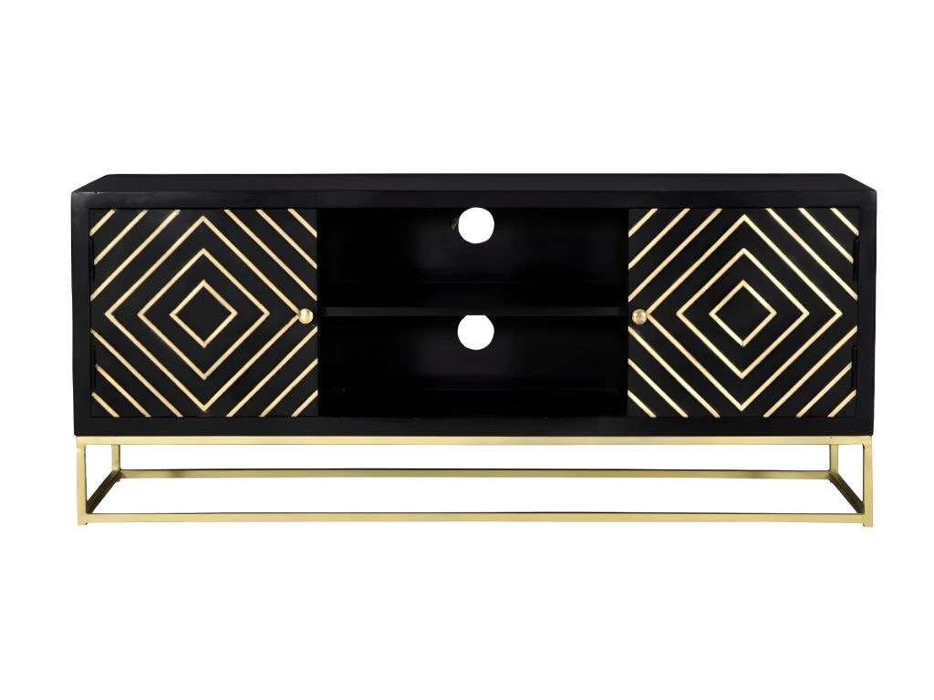 Meuble TV PRISMIN - 2 Portes Et 2 Niches - Manguier Et Métal - Noir 5 Meuble TV PRISMIN - 2 Portes Et 2 Niches - Manguier Et Métal - Noir – Image 3