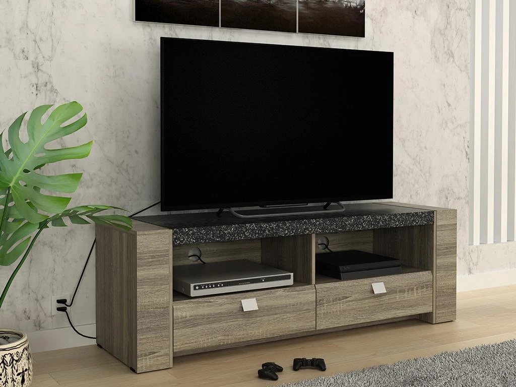Meuble TV METEORITE - 2 Niches & 2 Tiroirs - MDF Plateau Effet Granite 6 Meuble TV METEORITE - 2 Niches & 2 Tiroirs - MDF Plateau Effet Granite – Image 4