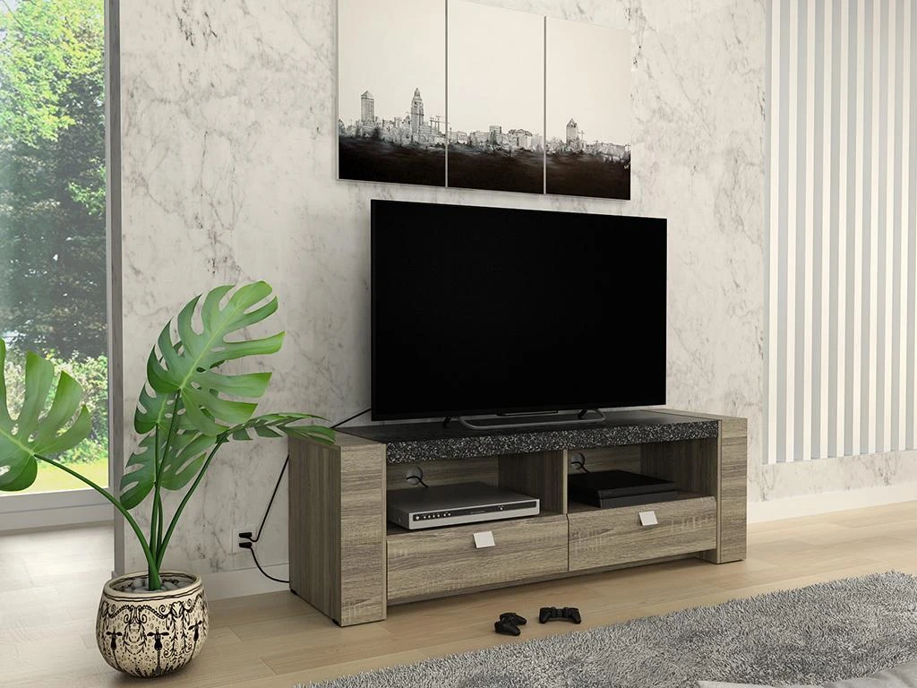 Meuble TV METEORITE - 2 Niches & 2 Tiroirs - MDF Plateau Effet Granite 5 Meuble TV METEORITE - 2 Niches & 2 Tiroirs - MDF Plateau Effet Granite – Image 3