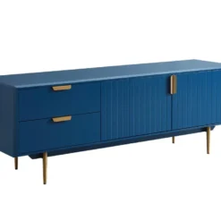 Meuble TV - 2 Portes Et 2 Tiroirs - MDF Et Métal - Bleu Et Doré - LIKANA -Pas Cher Mobiliora Magasin meuble tv 4305625
