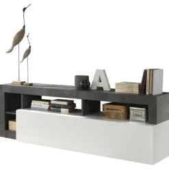 Meuble TV SEFRO - 1 Porte Et 4 Niches - Blanc Laqué Et Béton 12 Meuble TV SEFRO - 1 Porte Et 4 Niches - Blanc Laqué Et Béton -Pas Cher Mobiliora Magasin meuble tv 437227