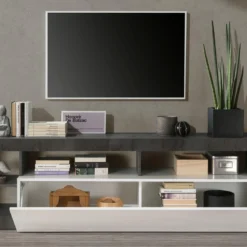 Meuble TV SEFRO - 1 Porte Et 4 Niches - Blanc Laqué Et Béton 9 Meuble TV SEFRO - 1 Porte Et 4 Niches - Blanc Laqué Et Béton -Pas Cher Mobiliora Magasin meuble tv 437233