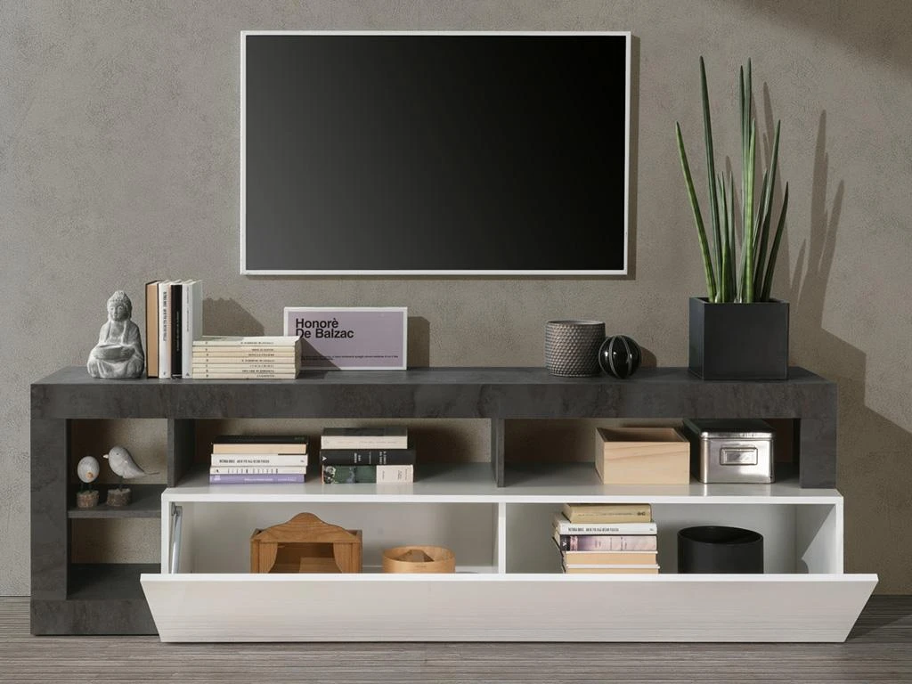 Meuble TV SEFRO - 1 Porte Et 4 Niches - Blanc Laqué Et Béton 4 Meuble TV SEFRO - 1 Porte Et 4 Niches - Blanc Laqué Et Béton – Image 2