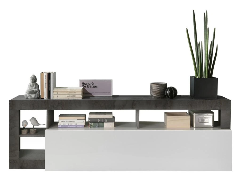 Meuble TV SEFRO - 1 Porte Et 4 Niches - Blanc Laqué Et Béton 5 Meuble TV SEFRO - 1 Porte Et 4 Niches - Blanc Laqué Et Béton – Image 3