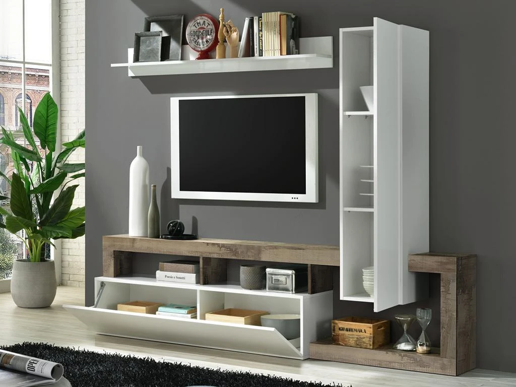 Mur TV Avec 2 Portes - Blanc Laqué Et Chêne - SEFRO 4 Mur TV Avec 2 Portes - Blanc Laqué Et Chêne - SEFRO – Image 2