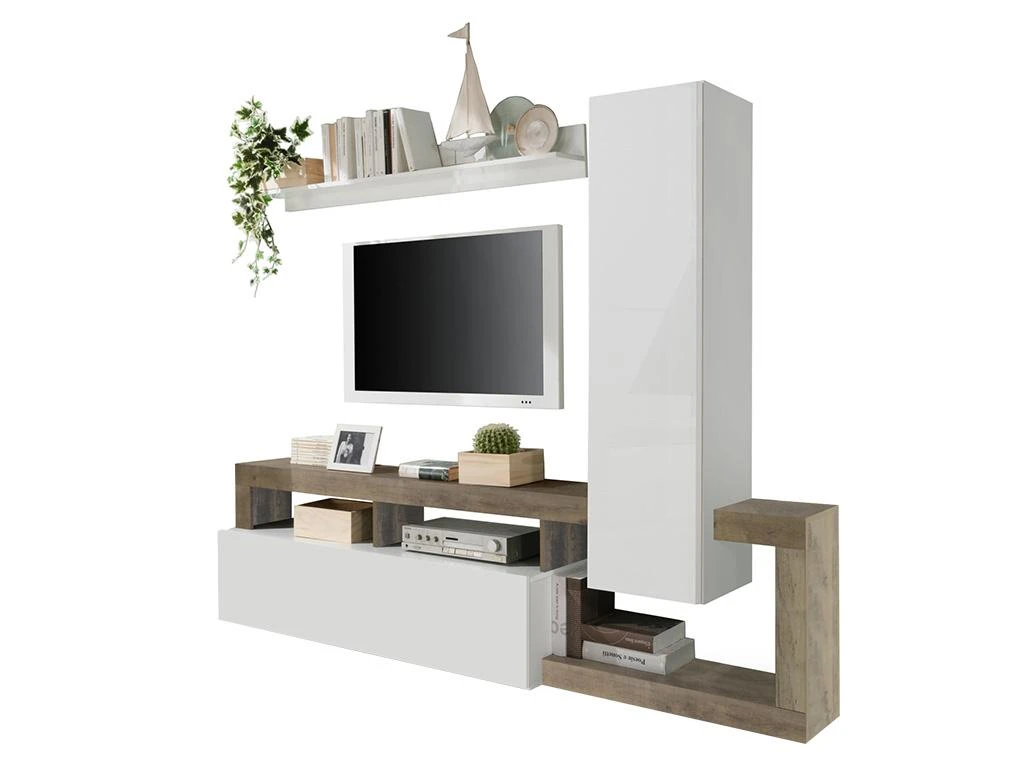 Mur TV Avec 2 Portes - Blanc Laqué Et Chêne - SEFRO 5 Mur TV Avec 2 Portes - Blanc Laqué Et Chêne - SEFRO – Image 3