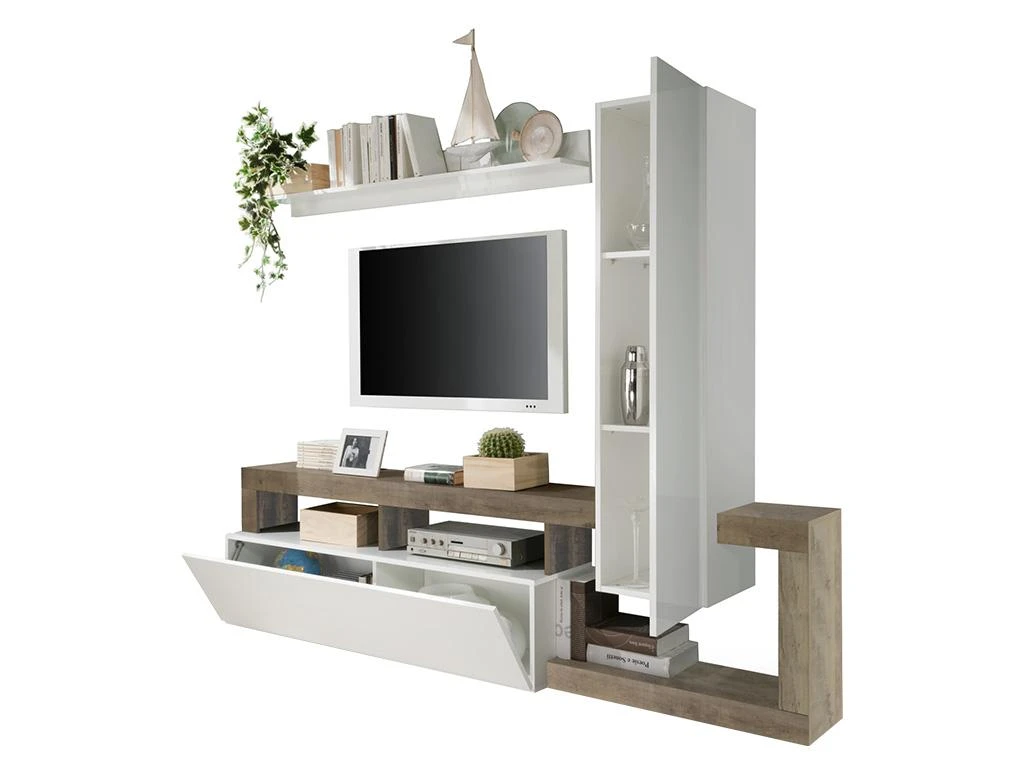 Mur TV Avec 2 Portes - Blanc Laqué Et Chêne - SEFRO 6 Mur TV Avec 2 Portes - Blanc Laqué Et Chêne - SEFRO – Image 4