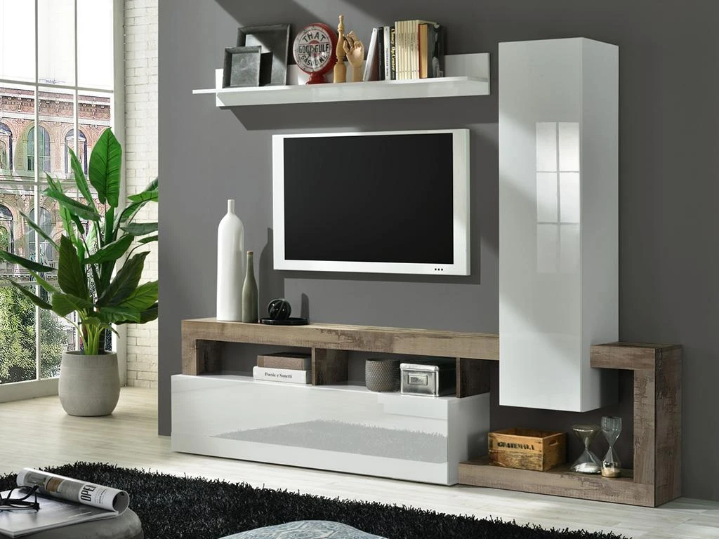 Mur TV Avec 2 Portes - Blanc Laqué Et Chêne - SEFRO 3 Mur TV Avec 2 Portes - Blanc Laqué Et Chêne - SEFRO