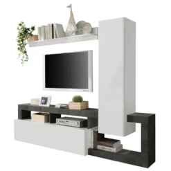 Mur TV Avec 2 Portes - Blanc Laqué Et Béton - SEFRO 9 Mur TV Avec 2 Portes - Blanc Laqué Et Béton - SEFRO -Pas Cher Mobiliora Magasin meuble tv 437251