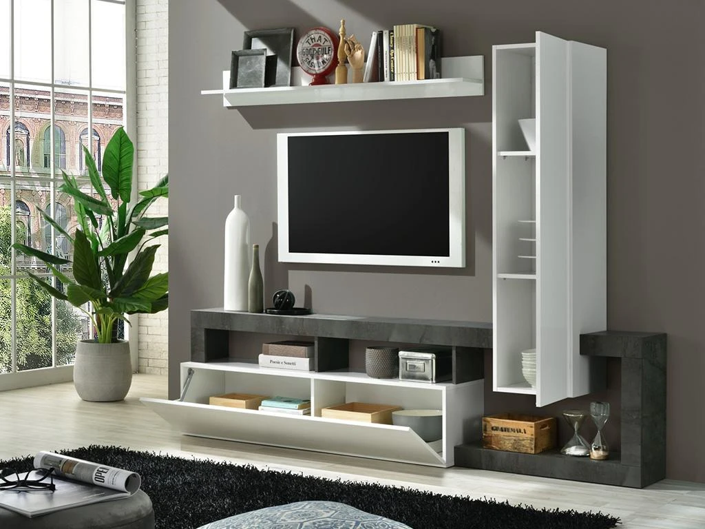 Mur TV Avec 2 Portes - Blanc Laqué Et Béton - SEFRO 4 Mur TV Avec 2 Portes - Blanc Laqué Et Béton - SEFRO – Image 2