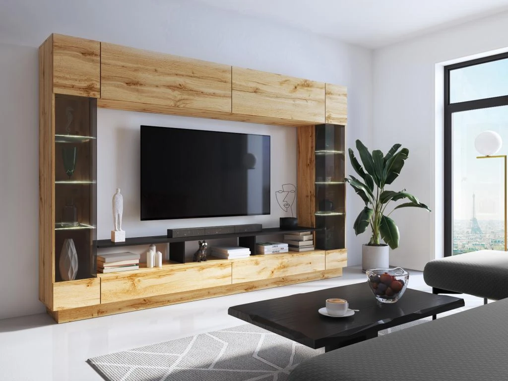 Mur TV Avec Rangements Et LEDs - Naturel - BRIANO 3 Mur TV Avec Rangements Et LEDs - Naturel - BRIANO