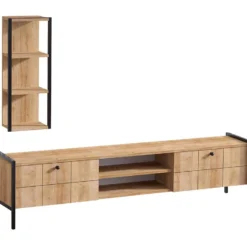 Ensemble TV - 2 Portes Et 2 Niches - Naturel Et Noir - PAMINA -Pas Cher Mobiliora Magasin meuble tv 503269