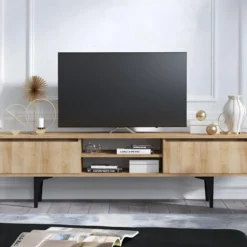 Meuble TV - 2 Tiroirs Et 2 Niches - Naturel Et Noir - OLIENA