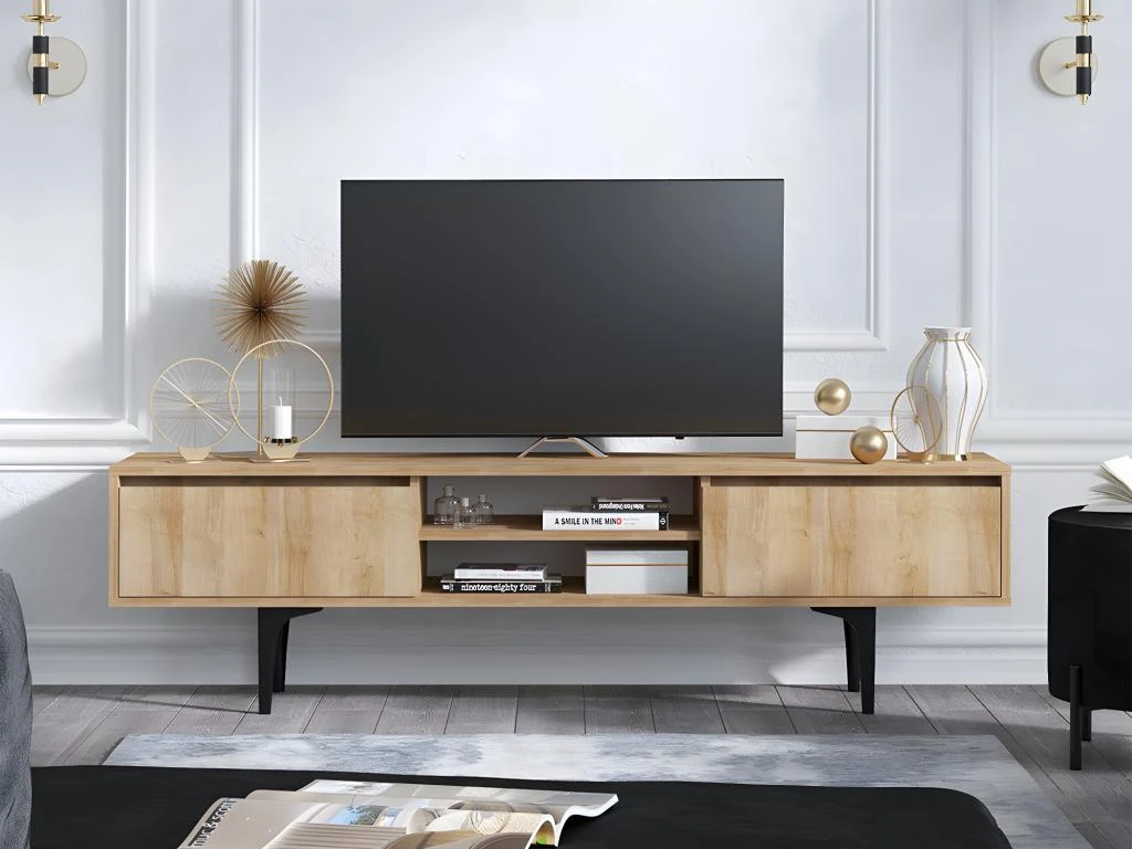 Meuble TV - 2 Tiroirs Et 2 Niches - Naturel Et Noir - OLIENA 3 Meuble TV - 2 Tiroirs Et 2 Niches - Naturel Et Noir - OLIENA